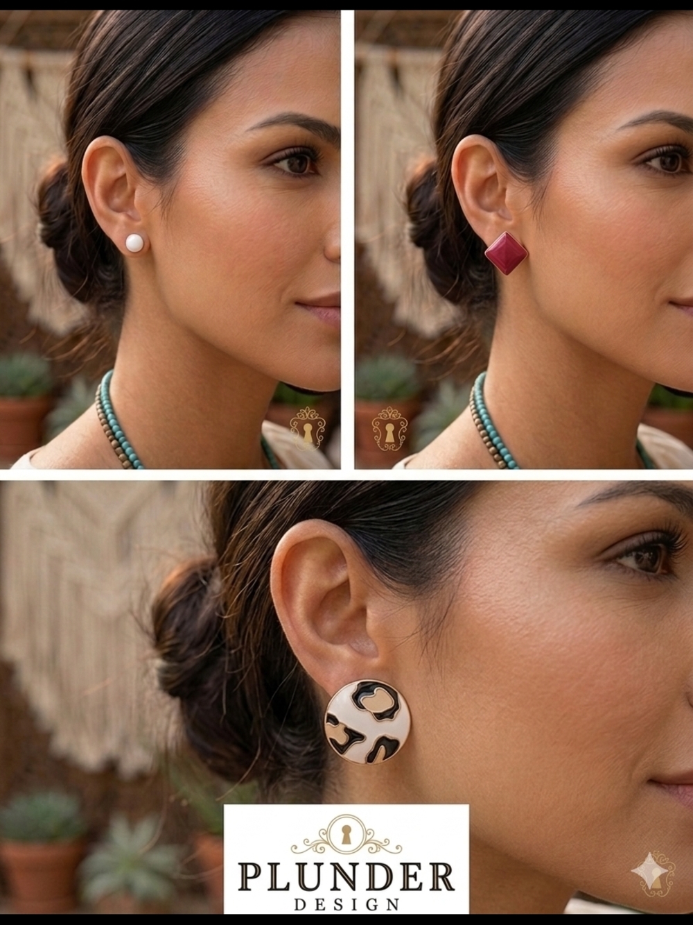 Women's Stud Earring Trio - White, Red & Cream Leopard